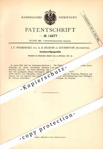 Original Patent - J.C. Bourdenet et A. Pradon à Courbevoie , 1881 , Destruction of insects !!!