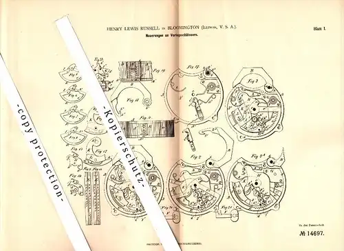 Original Patent - Henry L. Russell in Bloomington , Illinois , USA , 1880 , Lock for fire alarm and mailbox !!!