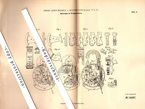 Original Patent - Henry L. Russell in Bloomington , Illinois , USA , 1880 , Lock for fire alarm and mailbox !!!