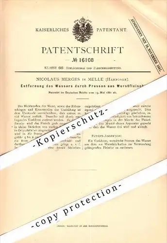 Original Patent - Nicolaus Merges in Melle b. Hannover , 1881 , Wasserentfernung bei Wurst , Schlachter , Metzger !!!