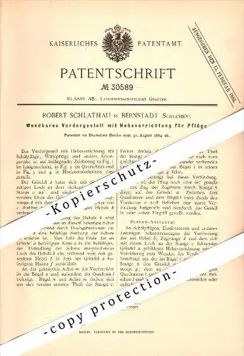 Original Patent - Robert Schlathau in Bernstadt /  Bierutów i. Schlesien , 1884 , Hebeapparat für Pflug , Agrar !!!