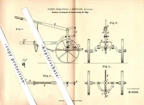 Original Patent - Robert Schlathau in Bernstadt /  Bierutów i. Schlesien , 1884 , Hebeapparat für Pflug , Agrar !!!