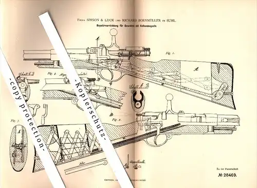Original Patent - Simson & Luck und R. Bornmüller in Suhl , 1884 , Gewehr mit Kolbenmagazin , Waffen !!!