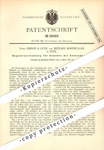 Original Patent - Simson & Luck und R. Bornmüller in Suhl , 1884 , Gewehr mit Kolbenmagazin , Waffen !!!