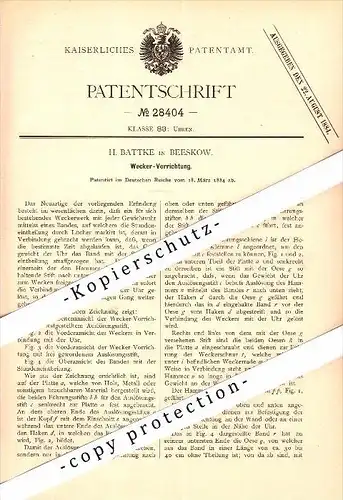 Original Patent - H. Battke in Beeskow , 1884 , Wecker - Vorrichtung , Uhr , Uhrmacher !!!