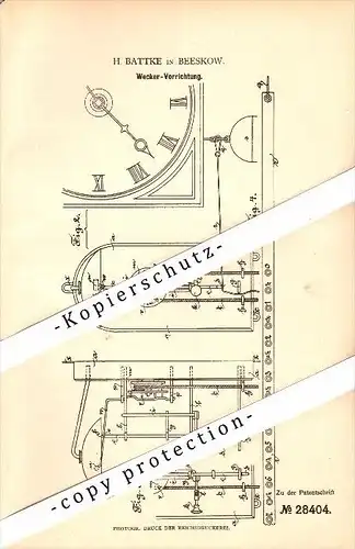 Original Patent - H. Battke in Beeskow , 1884 , Wecker - Vorrichtung , Uhr , Uhrmacher !!!