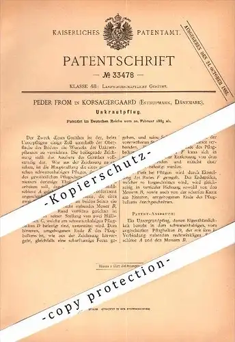 Original Patent - Peder From in Korsagergaard , Estrupmark , 1885 , Unkrautpflug , Agrar , Dänemark , Estrup Mark !!!