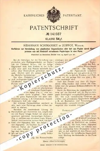 Original Patent - H. Schimansky in Zoppot / Sopot , Westpreussen , 1902 , Herstellung plastischer Gegenstände , Plastik