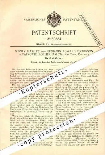 Original Patent - S. Hawley und B.E. Dickinson in Parkgate , Rotherham , 1891 , Jar Opener !!!