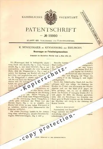 Original Patent - K. Münzenmaier in Kennenburg b. Esslingen , 1882 , Fleisch-Wiegemaschine , Schlachter , Metzger !!!