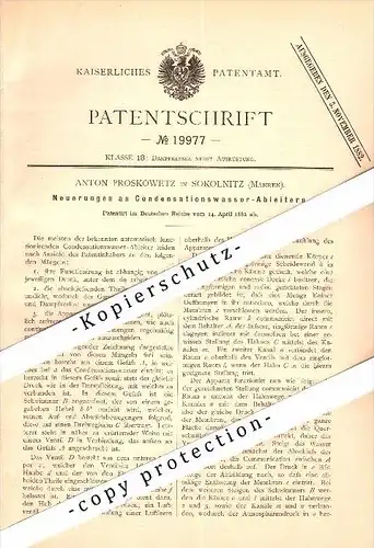 Original Patent - Anton Proskowetz in Sokolnitz / Sokolnice , 1882 , Ableiter für Kondenswasser , Mähren  !!!