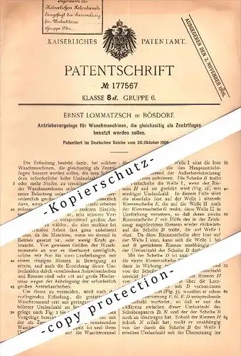 Original Patent - Ernst Lommatzsch in Bösdorf b. Kiel , 1904 , Antrieb für Waschmaschinen !!!