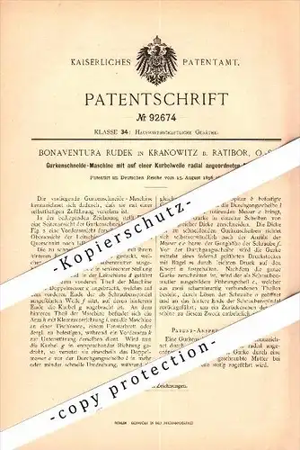 Original Patent - Bonaventura Rudek in Kranowitz b. Ratibor ,1896, Gurken - Schneidemaschine , Oberschlesien , Schlesien