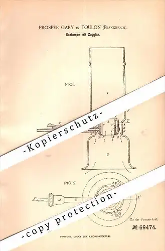 Original Patent - Prosper Gary à Toulon , 1892 , Lampe à gaz !!!