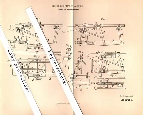 Original Patent - Hugo Borchardt in Berlin , 1892 , Lafette für Handfeuerwaffe , Gewehr !!!