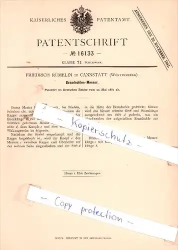 Original Patent - F. Rümelin in Cannstatt , Württemberg , 1881 ,  Brandsohlen-Messer , Stuttgart !!!