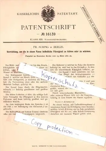 Original Patent - Fr. Auring in Berlin , 1881 , Schankgeräthschaften !!!