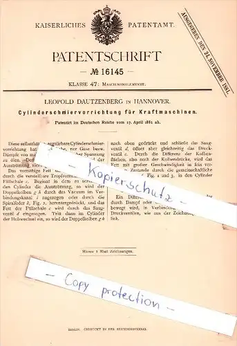 Original Patent - L. Dautzenberg in Hannover , 1881 , Cylinderschmiervorrichtung !!!