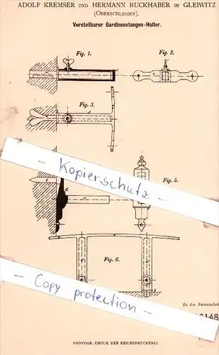 Original Patent -  A. Kremser und H. Ruckhaber in Gleiwitz , Oberschlesien , 1881 , !!!