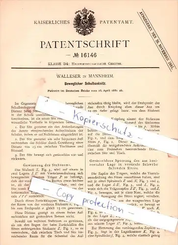 Original Patent - Walleser in Mannheim , 1881 , Beweglicher Schulbanksitz !!!