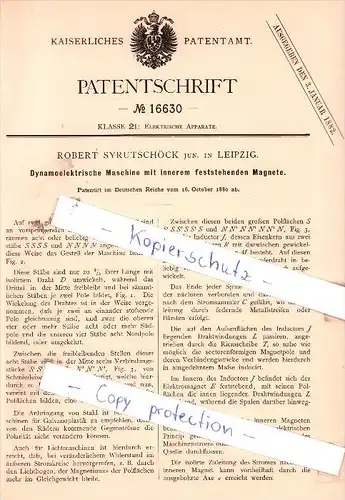 Original Patent - Robert Syrutschöck jun. in Leipzig , 1880 , Dynamoelektrische Maschine !!!