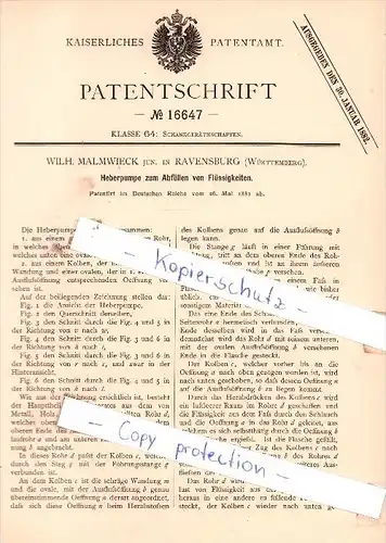 Original Patent - Wilh. Malmwieck jun. in Ravensburg , Württemberg , 1881 , Heberpumpe !!!