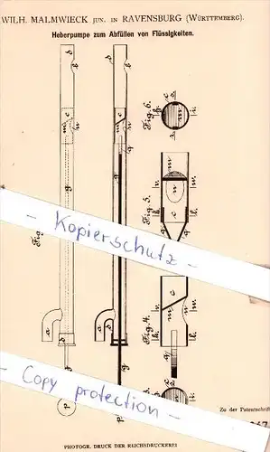 Original Patent - Wilh. Malmwieck jun. in Ravensburg , Württemberg , 1881 , Heberpumpe !!!