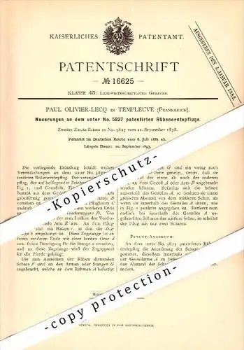 Original Patent - Paul Olivier-Lecq à Templeuve , 1881 , Charrue de récolte des betteraves !!!