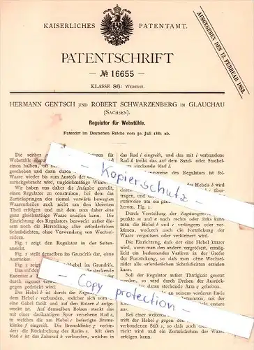 Original Patent - H. Gentsch und R. Schwarzenberg in Glauchau  , 1881 , Regulator für Webstühle !!!
