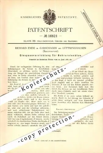 Original Patent - Richard Emde in Garschagen b. Lüttringhausen / Remscheid , 1881 , Bohrapparat , Tischlerei , Holz !!!