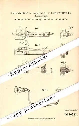 Original Patent - Richard Emde in Garschagen b. Lüttringhausen / Remscheid , 1881 , Bohrapparat , Tischlerei , Holz !!!