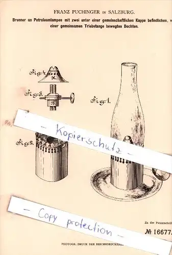 Original Patent - Franz Puchinger in Salzburg , 1881 , Brenner an Petroleumlampen !!!