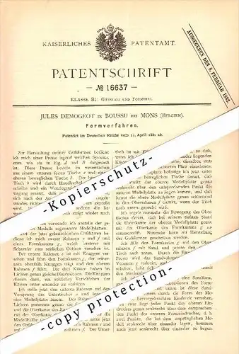 Original Patent - Jules Demogeot in Boussu bei Mons , Belgien , 1881 , Verfahren für Giesserei !!!