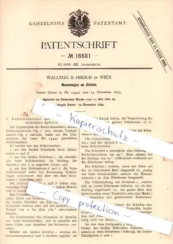 Original Patent - Walleg & Hirsch in Wien , 1881 , Neuerungen an Zirkeln !!!