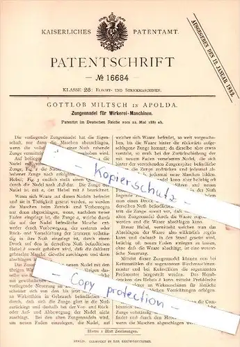 Original Patent - Gottlob Miltsch in Apolda , 1881 , Zungennadel für Wirkerei-Maschinen !!!