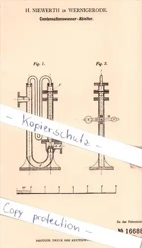 Original Patent - H. Niewerth in Wernigerode , 1881 , Condensationswasser-Ableiter !!!