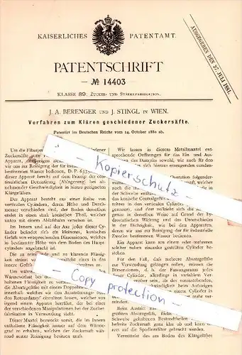 Original Patent -  J. A. Berenger und J. Stingl in Wien , 1880 ,  Klären geschiedener Zuckersäfte !!!