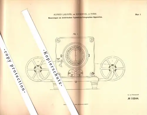 Original Patent - Alfred Lalouel de Sourdeval à Paris , 1881 , électrique Telegraph , télégraphie !!!
