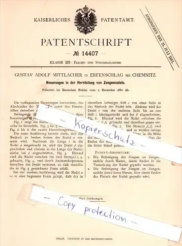 Original Patent - Gustav Adolf Mittlacher in Erfenschlag bei Chemnitz , 1880 , Zungennadeln !!!