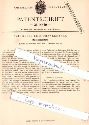 Original Patent - Emil Glossier in Frankenthal , 1880 , Maschinendoppelkorb !!!