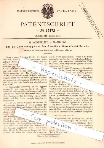 Original Patent - H. Königslieb in Hamburg , 1880 , Billet-Controllapparat für Omnibus , Dampfschiff !!!