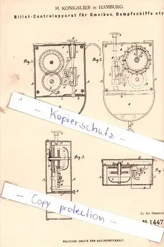 Original Patent - H. Königslieb in Hamburg , 1880 , Billet-Controllapparat für Omnibus , Dampfschiff !!!