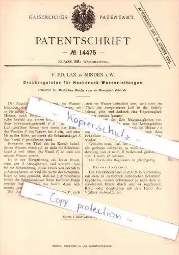 Original Patent - F. Ed. Lax in Minden i. W. , 1880 , Druckregulator für Hochdruck-Wasserleitungen !!!