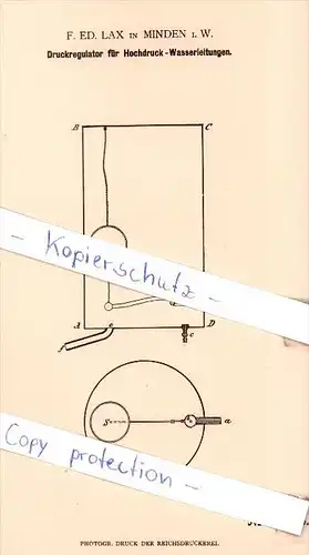 Original Patent - F. Ed. Lax in Minden i. W. , 1880 , Druckregulator für Hochdruck-Wasserleitungen !!!