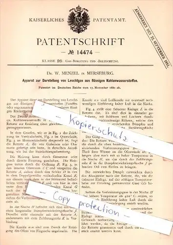 Original Patent - Dr. W. Menzel in Merseburg , 1880 , Apparat zur Darstellung von Leuchtgas !!!