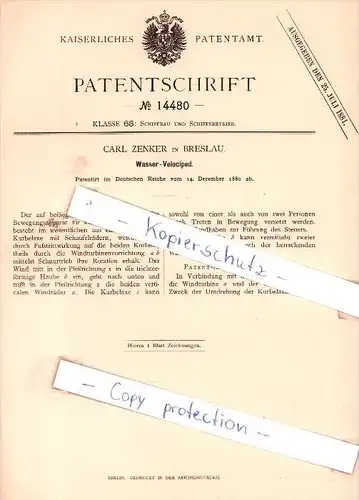Original Patent - Carl Zenker in Breslau , 1880 , Wasser-Velociped , Fahrrad , bicycle , Boot !!!