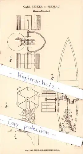 Original Patent - Carl Zenker in Breslau , 1880 , Wasser-Velociped , Fahrrad , bicycle , Boot !!!