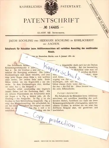 Original Patent - J. und H. Röchling in Kohlscheidt bei Aachen , 1881 , Schaltwerk für Hubzähler !!!