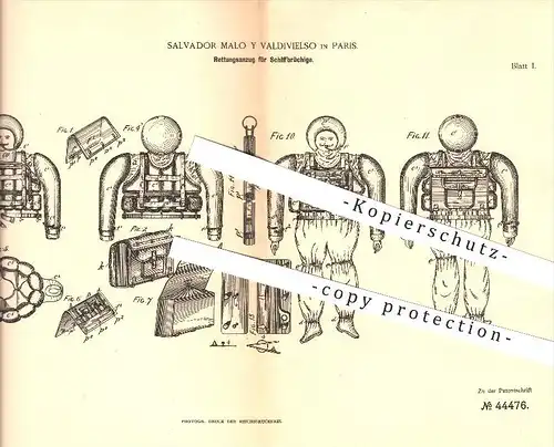 original Patent - Salvador Malo y Valdivielso in Paris , 1888 , Costume de sauvetage pour naufragés , détresse !!!