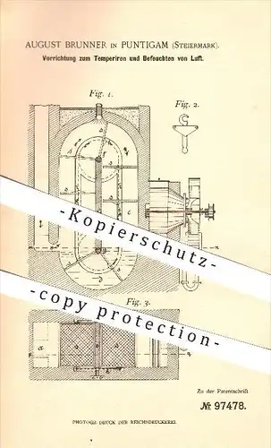 original Patent - A. Brunner in Puntigam , Steiermark , 1895 , Temperieren u. Befeuchten von Luft , Bier , Brauerei !!!